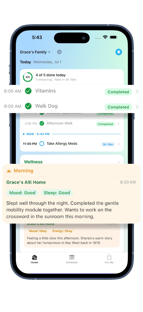 Alli family app showing completed routines and wellness updates