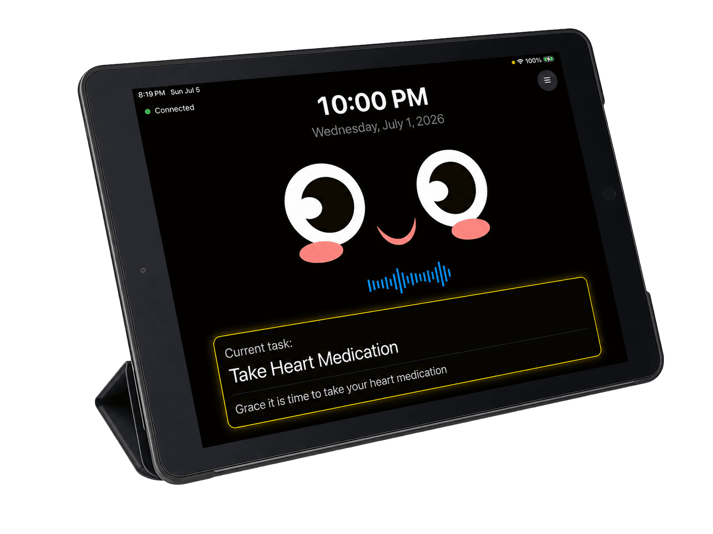 Alli tablet displaying a spoken heart medication reminder
