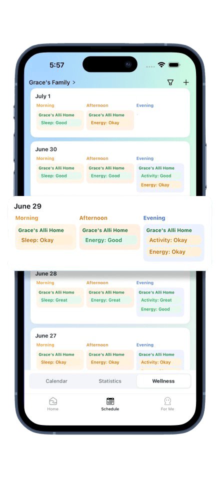 Alli family app wellness screen showing morning, afternoon, and evening check-in summaries