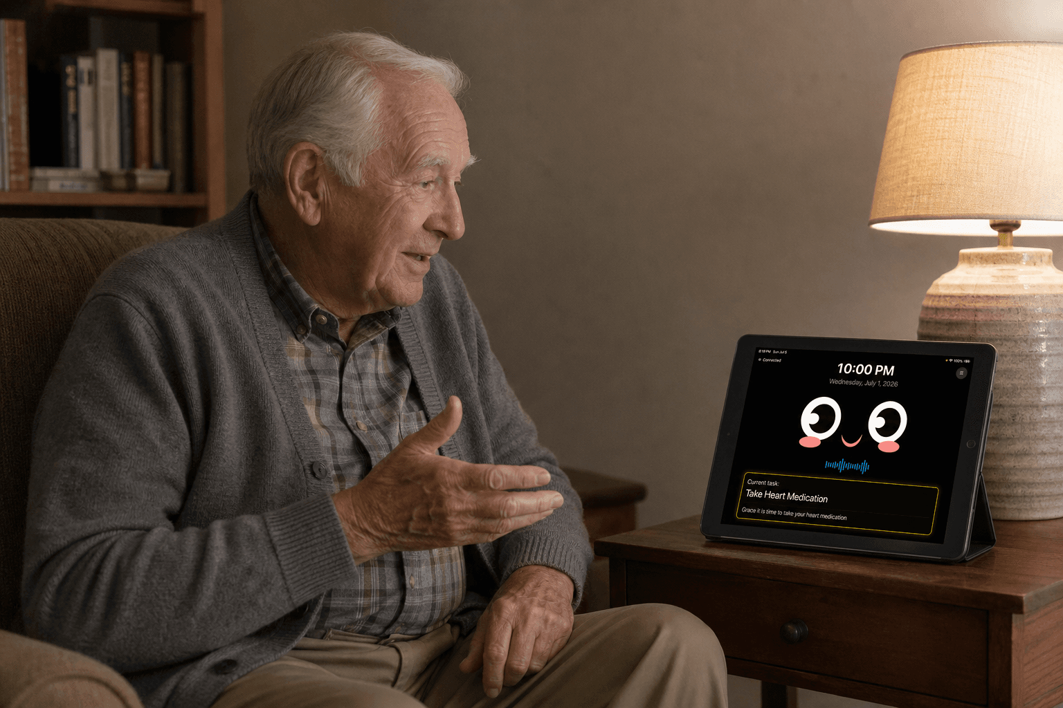 Older man having a conversation with Alli on a tablet at home